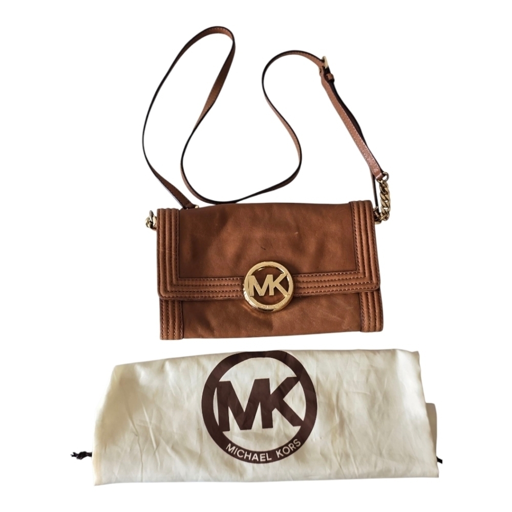 Michael Kors Fulton Brown Leather Crossbody Bag Leather Gold Chain Strap Dustbag